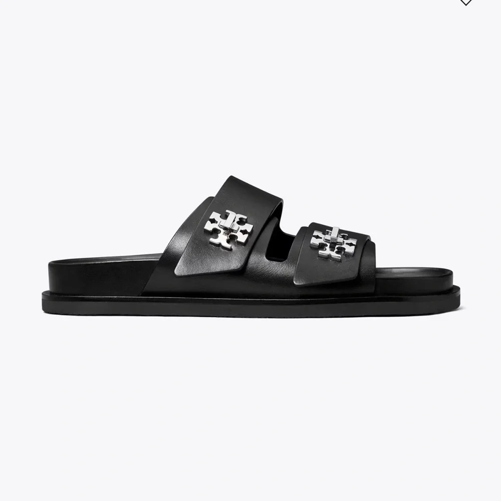 Tory Burch Black Turnlock Sport Slides with Silver Accents